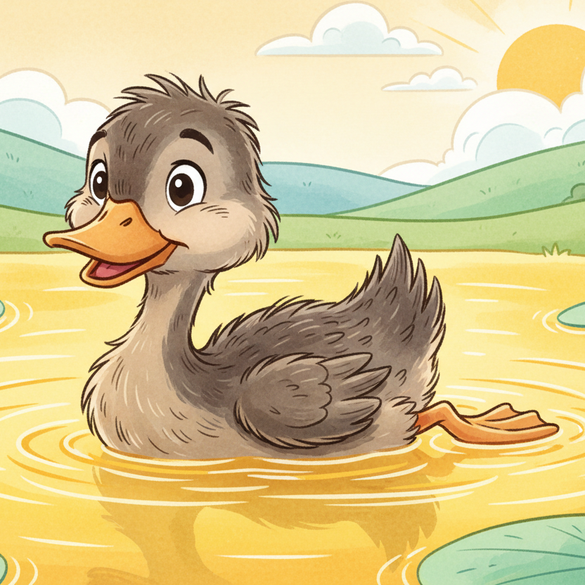 cartoon ugly duckling swimming in a yellown pond